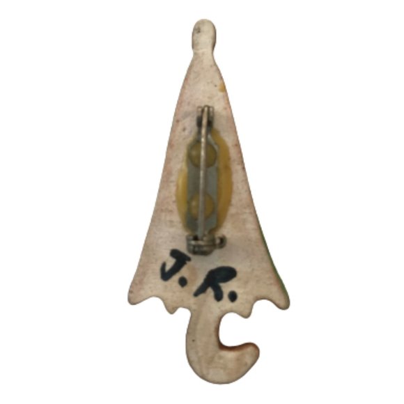 Vintage Green Brown Ceramic Umbrella Unique Brooch - Picture 3 of 4